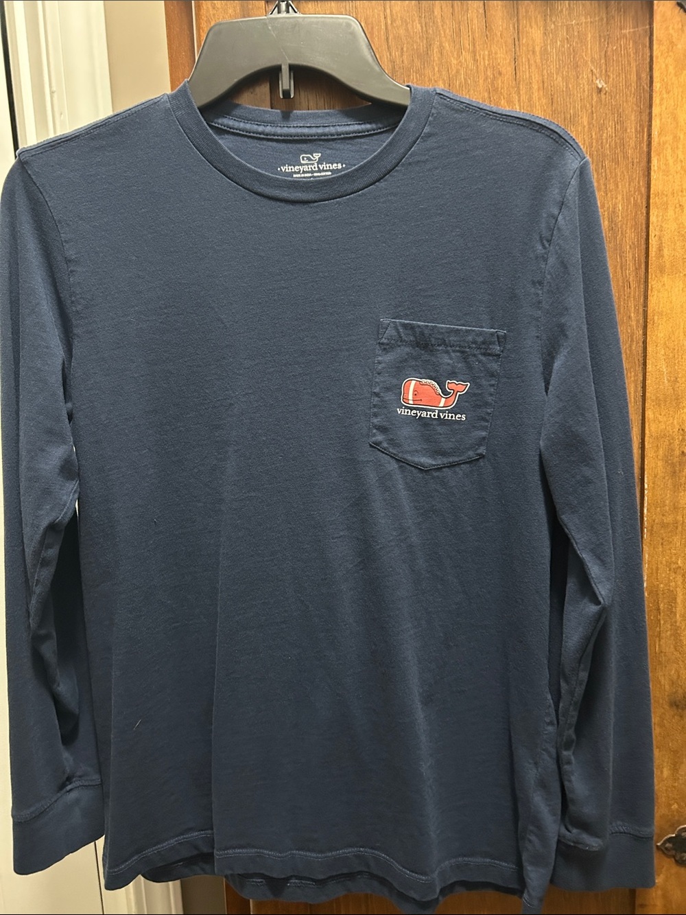 Boys Large Vineyard Vines Navy Long-Sleeve Pocket Tee with raised Whale Logo
